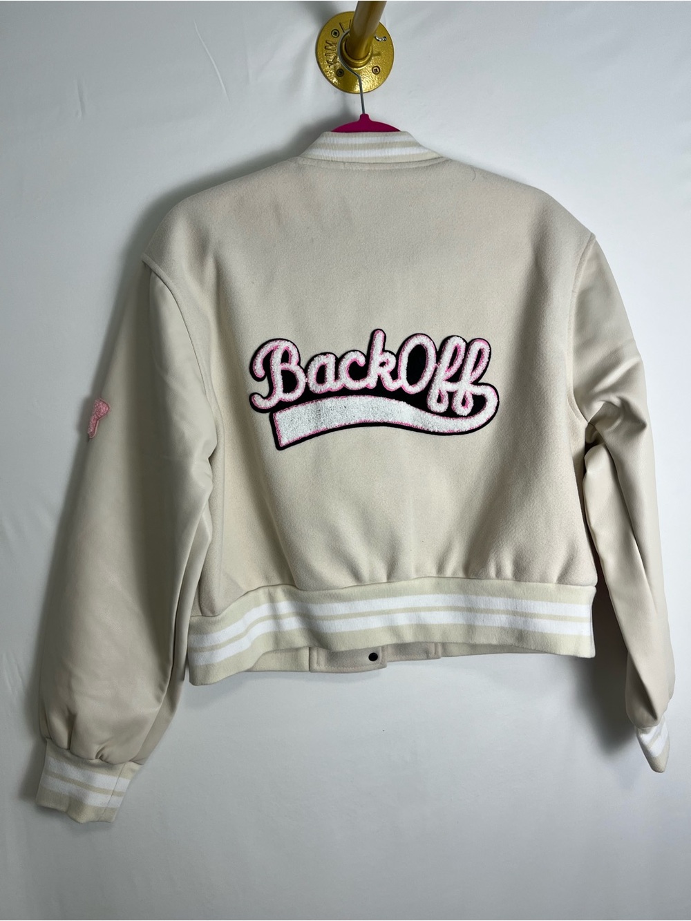 Cream Varsity Jacket with Pink & Yellow Patchwork - Picture 6 of 13